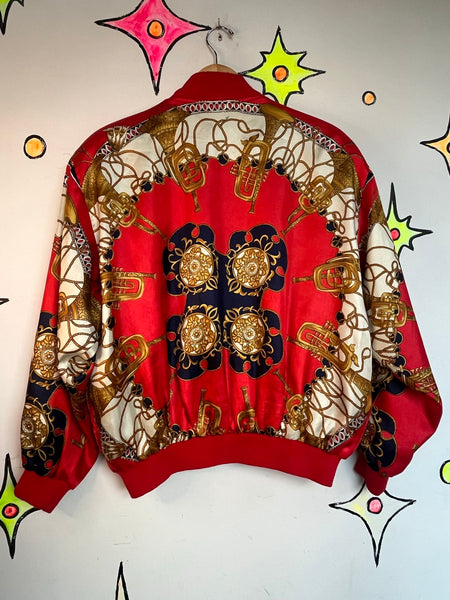 Vintage 80s Red Baroque Bomber Jacket Regal Scarf Print Statement Coat XL+