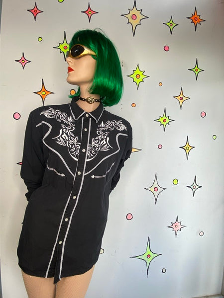 Men’s Black Embroidered Western Shirt Goth Cowboy Grunge Button Down L