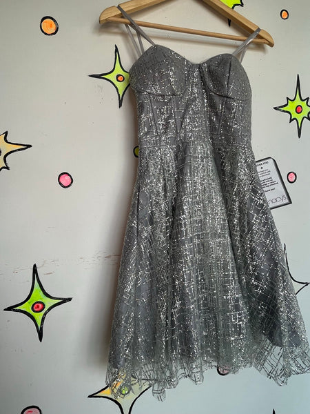 90s Blondie Nites Strapless Silver Glitter Cupcake Prom Dress Y2K Fit & Flare XS