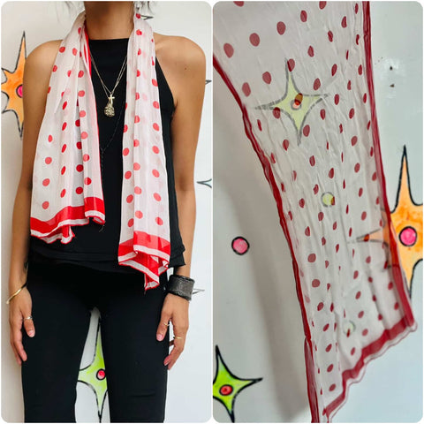 Vintage White & Red Polka Dot Sheer Scarf – Silk Clowncore Accessory