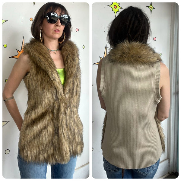Y2K Vegan Fur Boho Vest Glam Grunge Statement Festival Layering Piece - Size M