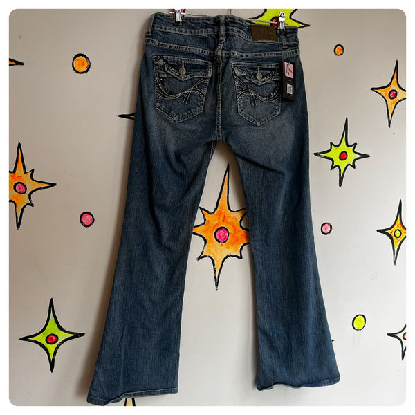 Vintage Y2K McBling Embellish Distressed Low Rise Denim Flares Fairy Grunge 7/8