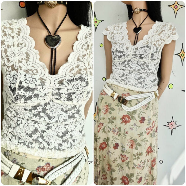 Vintage 90s | Off White Sheer Lace Rococo Babydoll Steampunk Crop Top Blouse | S