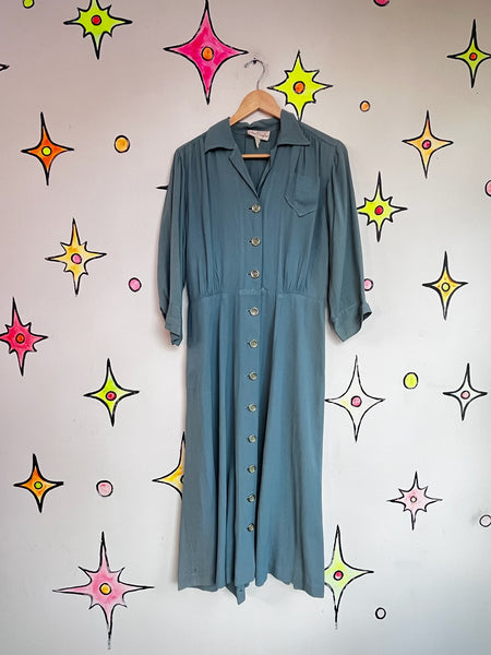 1940s Blue Secretary Dress True Vintage Boho Grunge - Historical Fashion - M L