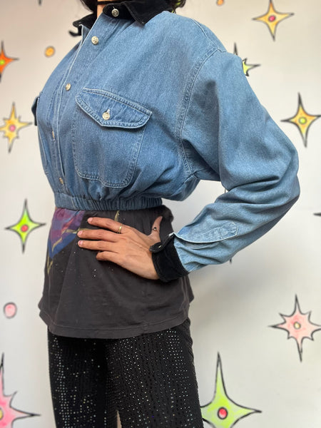 90s Grunge Denim Crop Top | Velvet Collar & Cuffs | Long Sleeve Button-Up (S)