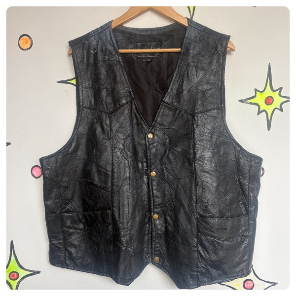 Vintage Black Leather Patchwork Vest Western Goth Grunge Biker - Thrashed XL