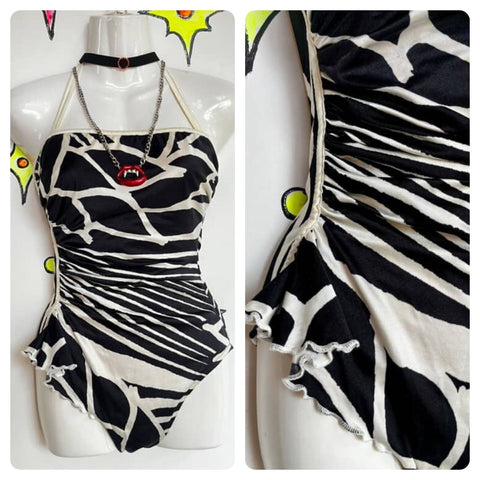 Vintage 70s 80s | Black & White Zebra One Piece Swimsuit Bodysuit | Size 3/4