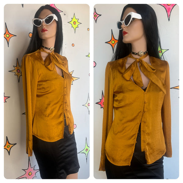 Vintage Y2K Mustard Satin Secretary Blouse Bow Neck Top Retro 70s Office Chic S