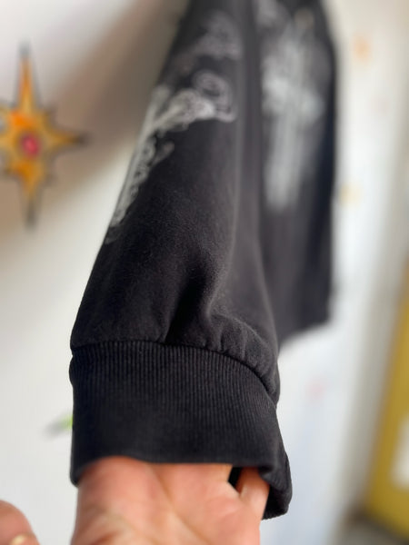 Vintage Y2K Black Mall Goth Grunge Fairy Tattoo Print Romantic Cross Hoodie XL+