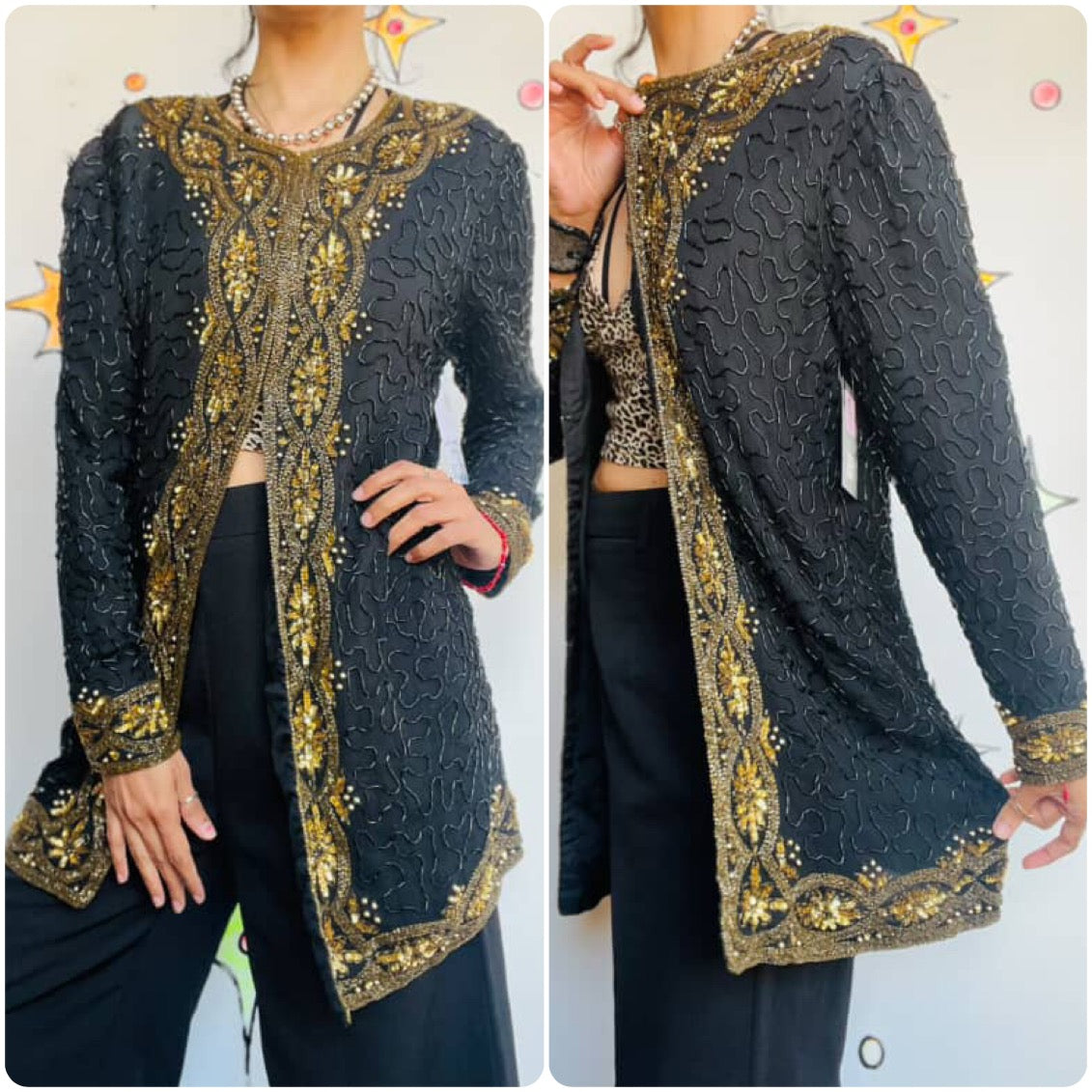 Vintage 80s Black & Gold Sequin Beaded Jacket - Pirate Glam Rock - AS IS - S/M