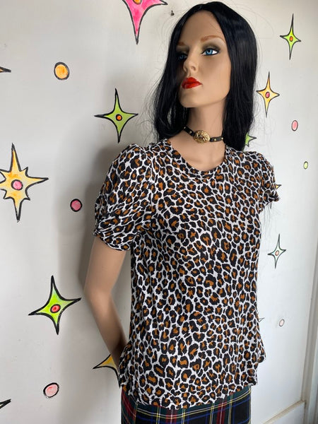Y2K Leopard Puff Sleeve Tee Grunge Glam Rocker Grunge Top - Small