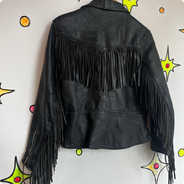 Vintage 80s 90s | Black Leather Jacket with Fringe Made in Great Britain | 12