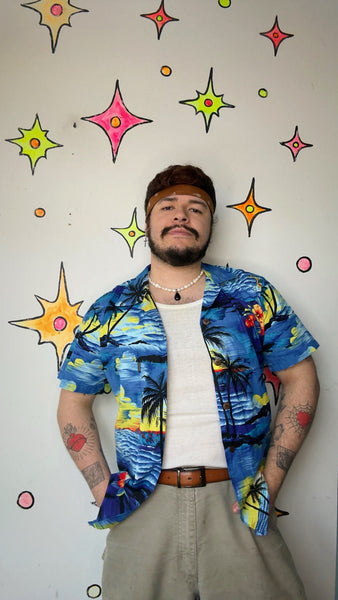 Blue Hawaiian Aloha Shirt Vintage Tiki Party Button Up Tropical Shirt SM