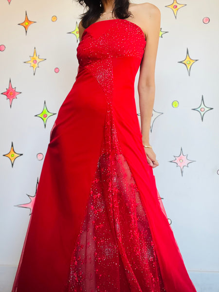 Vintage 90s Y2K Red Glitter Fairy Grunge Formal Strapless Holiday Maxi Dress – M