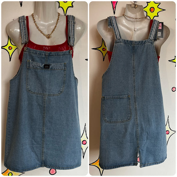 Vintage 90s | Denim Overall Dress Grunge Fruits Streetstyle Emo Mini Dress | M