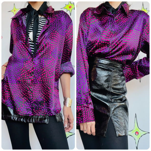 Vintage 90s Y2K Cyber Goth Grunge Abstract Optical Illusion Print Glam Blouse L