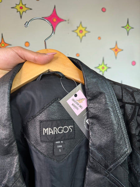 Black Leather Trench Coat 80s Patchwork Dolman Goth Moto Jacket Statement M