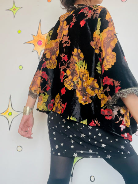 Black Velvet Kimono Floral Burnout Shimmer | Sheer Witchy Whimsy Goth Fairy | L