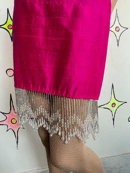 Johanne Beck Silk Luxe Hot Pink Skirt w Iridescent Beaded Fringe Flapper Glam S