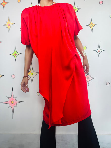 Vintage 80s Red Silk Sculptural Art Power Boss Dress | Shoulder Pad Cocktail | 8