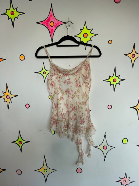 Fairy Grunge Y2K Pastel Pink Floral Handkerchief Hem Ruffle Lace Cami Romantic S