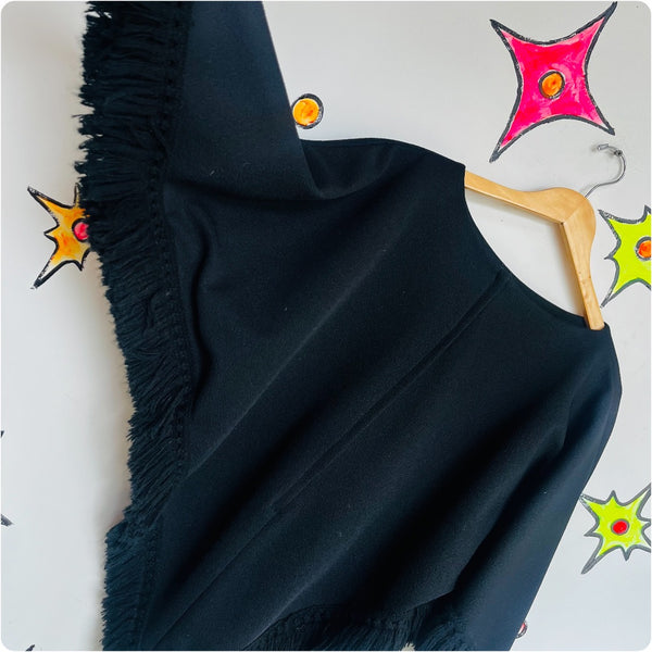 Vintage 60s 70s | Black Bohemian Poncho Capelet Cape Shawl w Fringe | Small