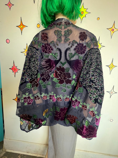 Burnout Velvet Peacock Beaded Shawl Cape Witchy Flapper Whimsy Goth Glam
