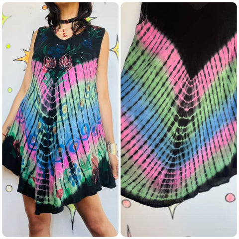 Vintage Black & Rainbow Grunge Fairy Boho Festival Mini Dress | Size M/L