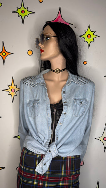 Studded Denim Western Shirt Y2K Cowgirl Rodeo Grunge Button Down - Large