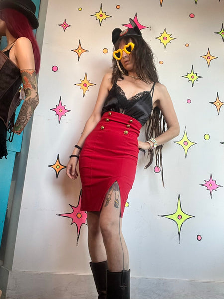 Y2K Red Pencil Skirt | Stretch Sailor Pin Up Secretary Office Siren Midi S