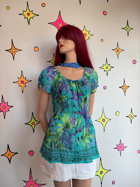 Y2K Neon Hawaiian Tank Top Miami Maximalist Fairy Grunge Cyber Y2K Pleated Top L