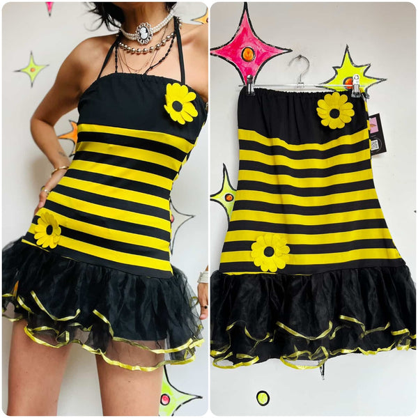Vintage 90s Y2K Bee Costume Dress Dreamgirl Yellow & Black Tutu Party Mini – S M