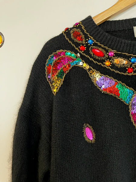 Vintage 80s Rainbow Embellished Christmas Sweater Sequin Beaded Holiday Party L