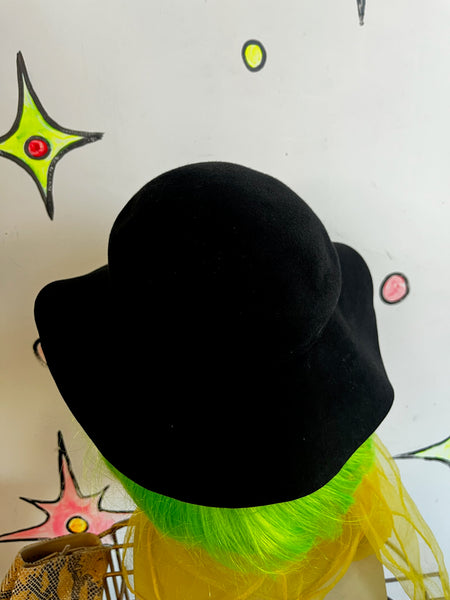 Vintage 50s Black Felt Goth Sun Hat | Wide Brim Witchy