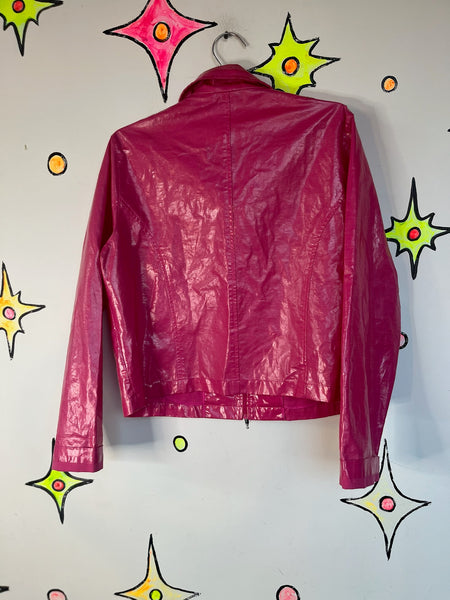 Vintage Pink Glossy Vinyl Zip-Up Barbie Moto Jacket | 90s Plastic Coat | L