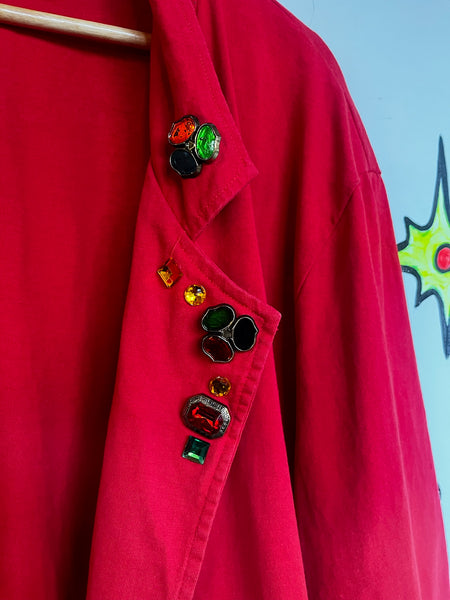 Vintage 80s Cherry Red Christmas Holiday Party Blazer - Glam Bedazzled - XL+