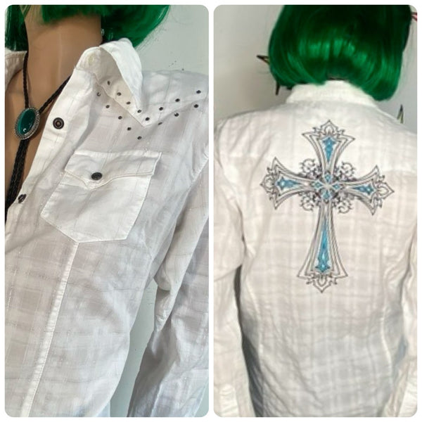 Vintage Y2K White Bedazzled Cross Western Pearl Snap | McBling Cowgirl M