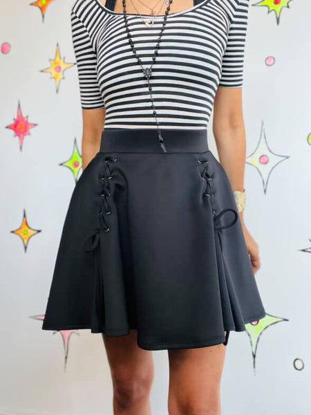 Y2K Black Lace Up Babydoll Mini Skirt | Stretchy Goth Fairy Hot Topic Skirt | S