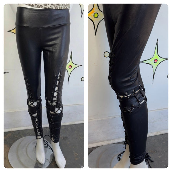 Y2K Black Lace Up Vegan Leather Pants High Rise Goth Punk Rock Glam Leggings – S