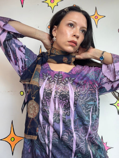 Vintage Navy Sheer Art Print Scarf Baroque Clock Print Maximalist Goth Mesh Wrap