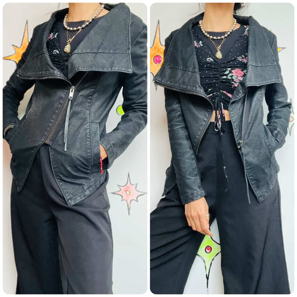 Y2K Asymmetrical Vegan Leather Moto Jacket - Indie Sleaze Fairy Grunge Glam
