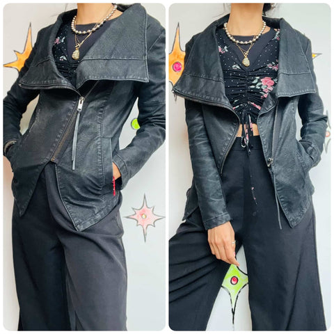 Y2K Asymmetrical Vegan Leather Moto Jacket - Indie Sleaze Fairy Grunge Glam