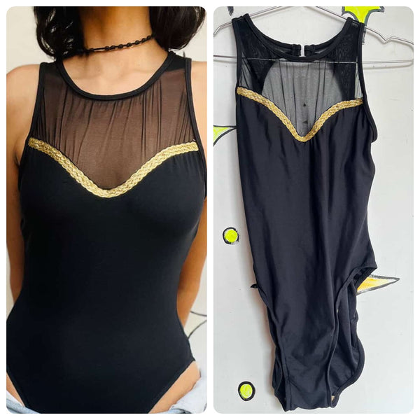 Vintage 80s/90s Black One-Piece Swimsuit w/ Mesh Chest & Gold Trim – Size 7/8