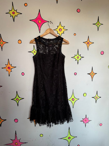 Black Lace Ruffle Dress Whimsy Gothic Dollcore Romantic Flapper Party Dress S