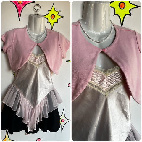 Vintage 90s Y2K Pastel Pink Cropped Fairy Grunge Coquette Babydoll Shrug Bolero