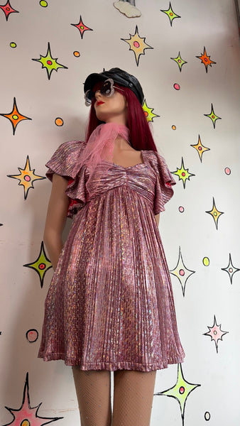 Pink Retro 60s 70s Metallic Mini Go-Go Dress Space Age Glam Party S