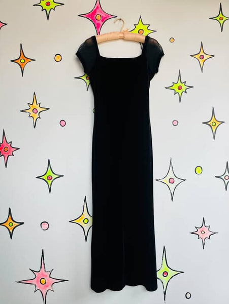Vintage 90s Black Velvet Maxi Dress w/ Sheer Sleeves – Fairy Grunge Goth – L