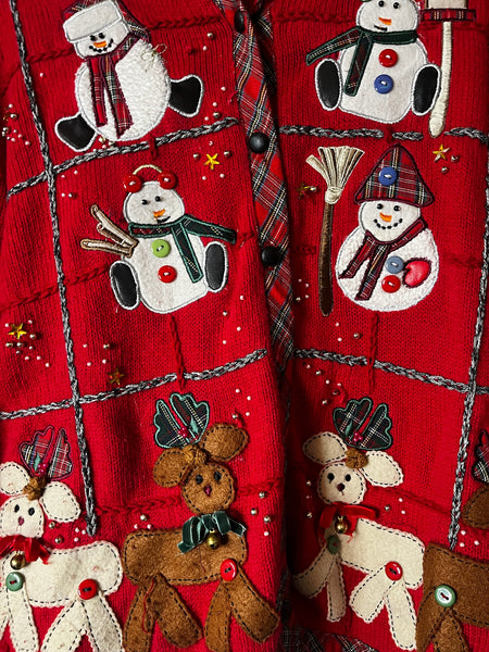 Vintage Embellished 80s 90s Red Ugly Tacky Christmas Sweater Cardigan Snowman L