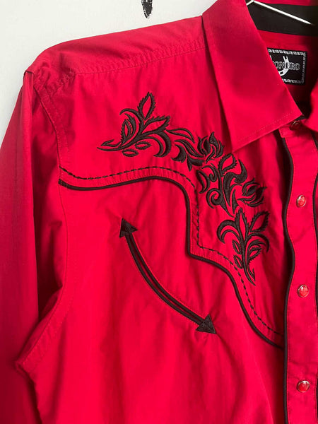 Vintage | Red Mens Western Embroidered Pearl Snap Shirt | Size XL