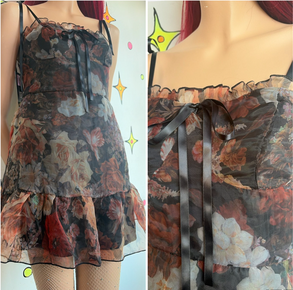 Sheer Black Floral Babydoll Dress | Romantic Goth Fairy Grunge Slip Mini M